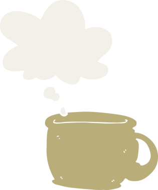 Düşünce baloncuklu çizgi film kahve fincanı insan tarafından çizilmiş.