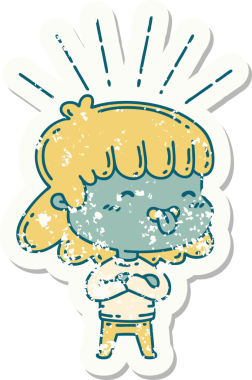 Bir insan tarafından çizilmiş eski dövme stili bir kızın eski bir çıkartması.