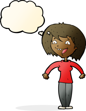 Bir insan tarafından çizilmiş düşünce baloncuğu olan heyecanlı bir kadın.