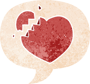 Kırık kalp çizgi filmi, konuşma baloncuğu, grunge dertli retro stil bir insan tarafından çizilmiş