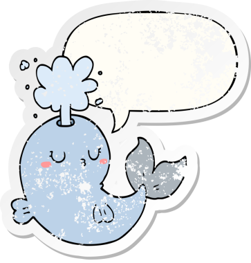 Çizgi film balinası konuşma baloncuğuyla su püskürtüyor. Bir insan tarafından çizilmiş sıkıntılı eski bir çıkartma.