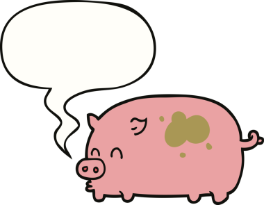 Bir insan tarafından çizilmiş konuşma balonlu şirin domuz.