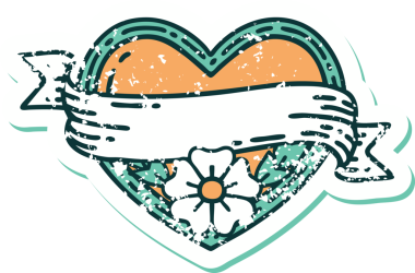 Bir insanın çizdiği çiçekli kalp ve pankartın sembolik dövmeli resmi.