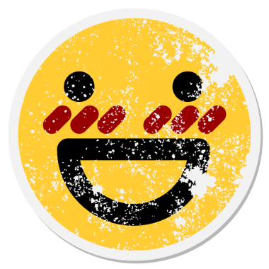 Bir insan tarafından çizilmiş mutlu yüzü kızaran dairesel çıkartma