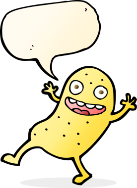 Bir insan tarafından çizilmiş konuşma balonlu patates çizgi filmi.