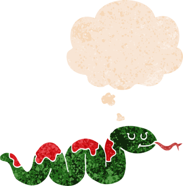 Düşünce baloncuklu çizgi film yılanı grunge dertli eski moda bir insan tarafından çizilmiş.