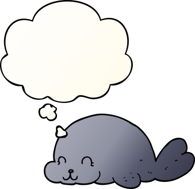 Bir insan tarafından çizilmiş yumuşak eğimli düşünce baloncuklu şirin karikatür foku.