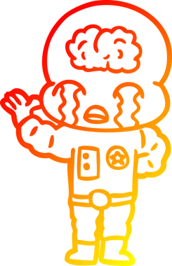 Bir çizgi filmin sıcak çizgi çizimi. Bir insan tarafından çizilmiş ağlayan büyük beyin uzaylısı.