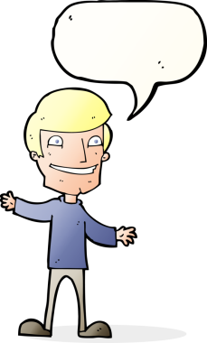 Bir insan tarafından çizilmiş konuşma balonuyla sırıtan çizgi film adamı.