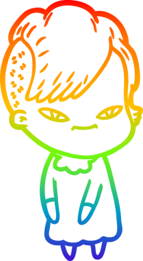 Gökkuşağı gradyan çizimi. Hipster saç kesimi bir insan tarafından çizilmiş şirin bir çizgi film kızı.