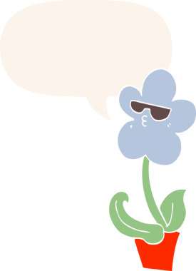 Bir insan tarafından çizilmiş, konuşma baloncuklu havalı bir karikatür çiçeği.