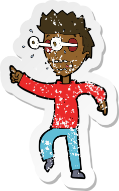 Bir insan tarafından çizilmiş gözleri olan karikatürcü bir adamın gerilemiş retro yapıştırması.