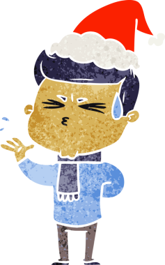 Bir insanın çizdiği Noel Baba şapkasıyla terleyen bir adamın el çizimi karikatürü.