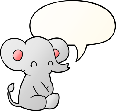 Bir insan tarafından çizilmiş, konuşma baloncuklu şirin çizgi film fili.