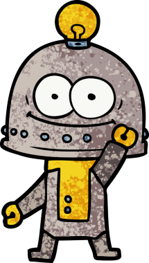 Bir insan tarafından çizilmiş ampullü mutlu karton robot.