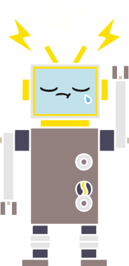 Bir insan tarafından çizilmiş ağlayan bir robotun düz renkli retro karikatürü