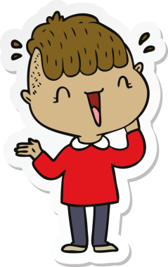 Çizgi film çıkartması. Mutlu çocuk. Bir insan tarafından çizilmiş.