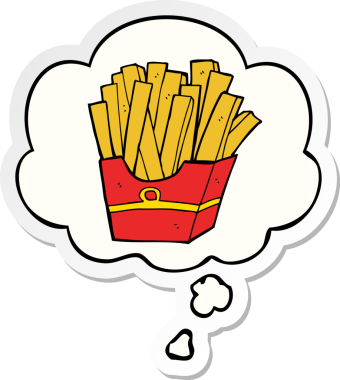 Düşünce baloncuğu olan çizgi film kızartmaları insan tarafından çizilmiş bir çıkartma gibi.