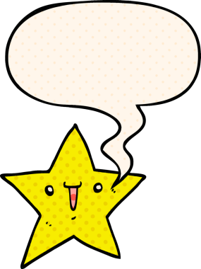 Bir insan tarafından çizilmiş çizgi roman tarzında konuşma balonu olan sevimli bir çizgi film yıldızı.