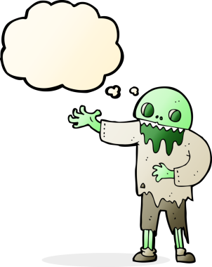 Bir insan tarafından çizilmiş düşünce baloncuklu tuhaf zombi çizgi filmi.