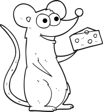 Bir insan tarafından çizilmiş peynirli siyah beyaz çizgi film faresi.