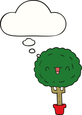 Bir insan tarafından çizilmiş düşünce baloncuklu mutlu bir ağaç.