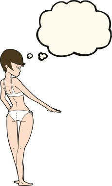 Bir insan tarafından çizilmiş düşünce balonlu bikinili karikatür kadın.