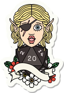 Bir insan tarafından çizilmiş doğal yirmi zarlı düzenbaz bir elf karakterinin çıkartması.