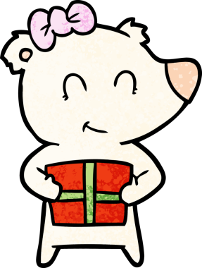 Bir insan tarafından çizilmiş Noel hediyeli dişi kutup ayısı.