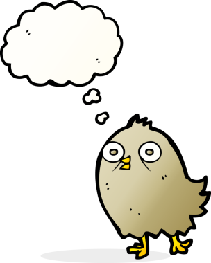 Bir insan tarafından çizilmiş düşünce baloncuklu komik çizgi film kuşu.