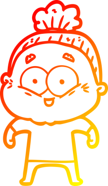 Bir insan tarafından çizilmiş mutlu, yaşlı bir kadının sıcak çizgi çizimi.