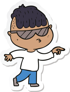 Bir insan tarafından çizilmiş güneş gözlüklü çizgi film çocuğu çıkartması.