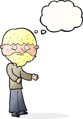 Bir insan tarafından çizilmiş düşünce baloncuğu olan mutlu sakallı adam.