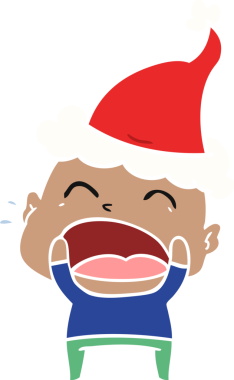 Bir insan tarafından çizilmiş Noel Baba şapkası giymiş kel bir adamın el çizimi düz bir resim.