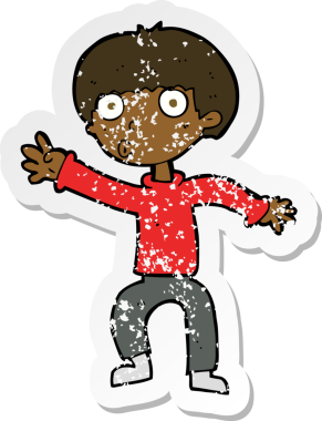 Bir insan tarafından çizilmiş el sallayan çizgi film karakterinin gerilimli çıkartması.