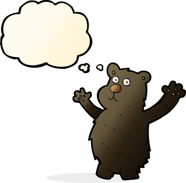 Bir insan tarafından çizilmiş düşünce baloncuklu komik siyah ayı.