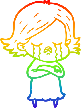 Gökkuşağı gradyan çizimi bir insan tarafından çizilmiş ağlayan bir çizgi kız çizimi