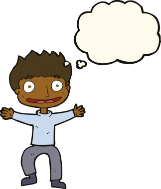 Bir insan tarafından çizilmiş düşünce balonlu sırıtan çocuk.