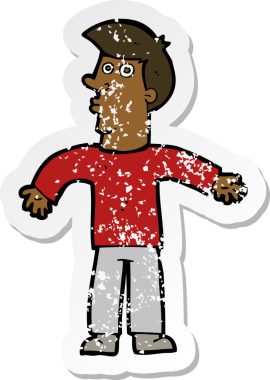 Bir insan tarafından çizilmiş omuzlarını silken bir çizgi film karakterinin gerilmiş çıkartması.