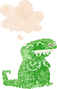 grunge 'da düşünce baloncuğu olan karikatür dinozoru, bir insan tarafından çizilmiş, tedirgin edilmiş retro tarzı.