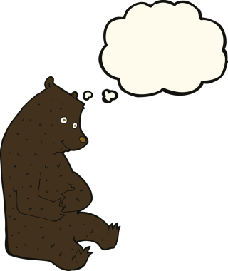 Bir insan tarafından çizilmiş düşünce baloncuklu mutlu siyah ayı.