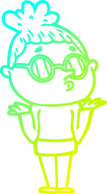 Bir insan tarafından çizilmiş gözlük takan çizgi film kadını çizimi.