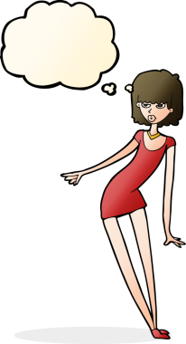 Bir insan tarafından çizilmiş düşünce baloncuğuyla eğilmiş bir karikatür kadın.