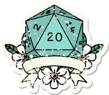 Bir insan tarafından çekilen 20 kritik vuruşluk D20 zar atımının grunge çıkartması.