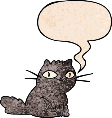 Çizgi film kedisi, bir insan tarafından çizilmiş eski moda bir konuşma baloncuğuyla sana bakıyor.