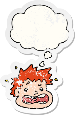 Düşünce baloncuklu karikatür korkmuş yüzü bir insan tarafından çizilmiş yıpranmış bir çıkartma gibi.