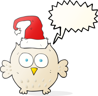 Bir insan tarafından çizilmiş noel şapkası giyen serbest konuşma balonu karikatürü baykuşu.