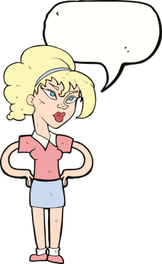 Bir insan tarafından çizilmiş konuşma balonlu elleri olan çizgi film kadını.