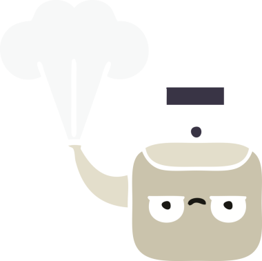 Bir insan tarafından çizilen dumanı tüten bir çaydanlığın düz renkli retro karikatürü