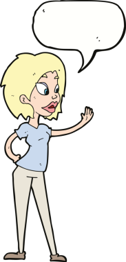 Bir insan tarafından çizilmiş bir konuşma balonuyla el sallayan çizgi film kadını.